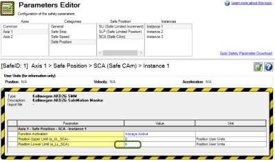 Parameters Editor with the Position Lower Limit value circled